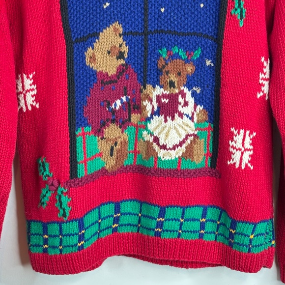 VTG 90s Lecomte Hand Knit Christmas Sweater M Teddy Bear AOP 3D Knit Red Granny - Picture 3 of 10
